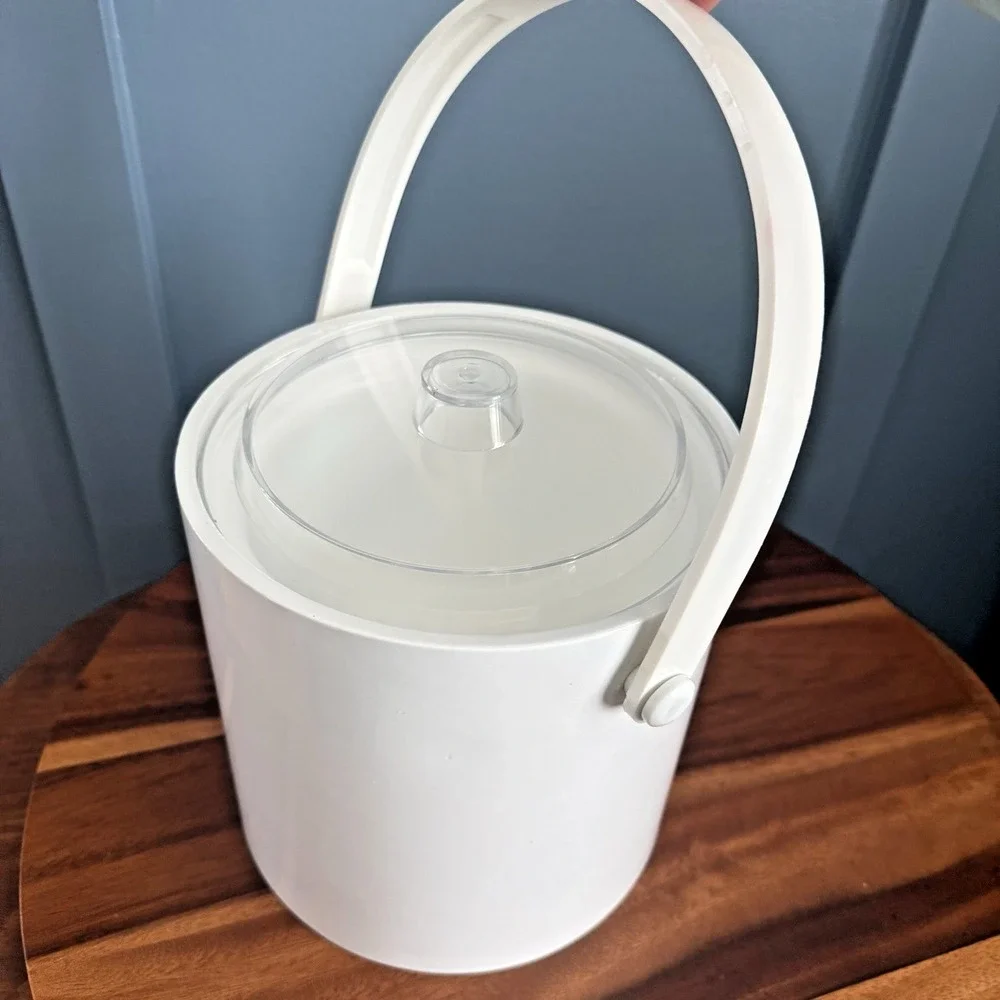 Vintage Acrylic Ice Bucket Wine Chill White Clear Lid Mid Century Modern Barware